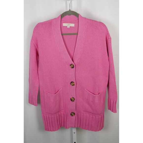 Loft XS Pink Chunk Button Down Grandpa Style Cardigan Front Pockets Ribbed Cuffs - Picture 1 of 5